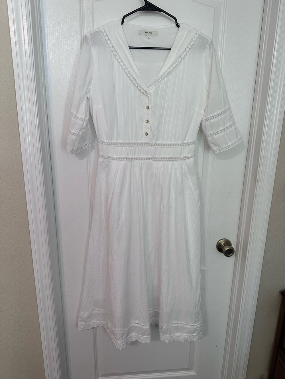 Simple Retro White Cotton Midi Dress Lace Trim Vintage Cottagecore Large